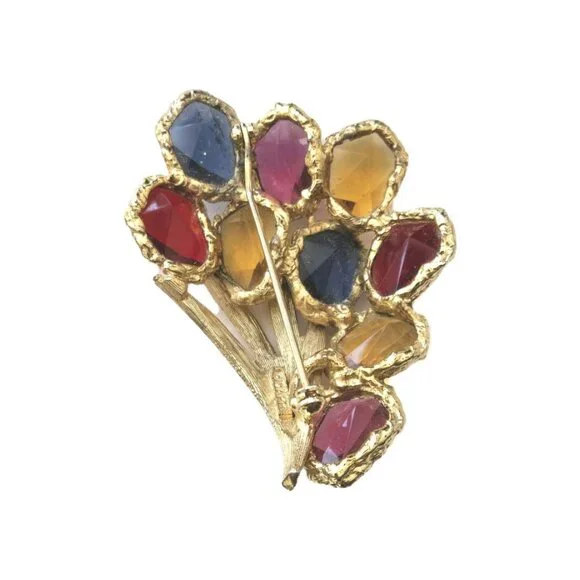 CAPRI Faceted Glass Brooch Bright Gold Tone Modern Multicolor Flower Spray VTG